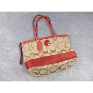 Coach Signature Stripe Tote/Bag/Purse Pink & Khaki Leather & Canvas E1020-F15112